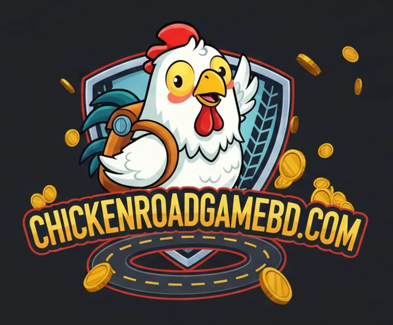 ChickenRoadGameBD.com badge: a cartoon hen with a satchel in front of a shield, over the site name, with coins and a road below
