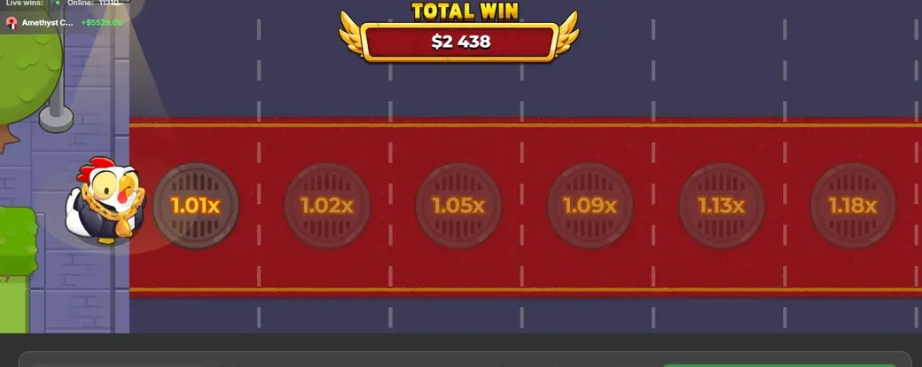 The bonus round in progress: a red lane with multipliers 1.01x to 1.18x and a total-win counter reading 2,438
