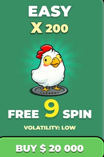 The Easy card on its own: x200, nine free spins, volatility low, priced at 20,000
