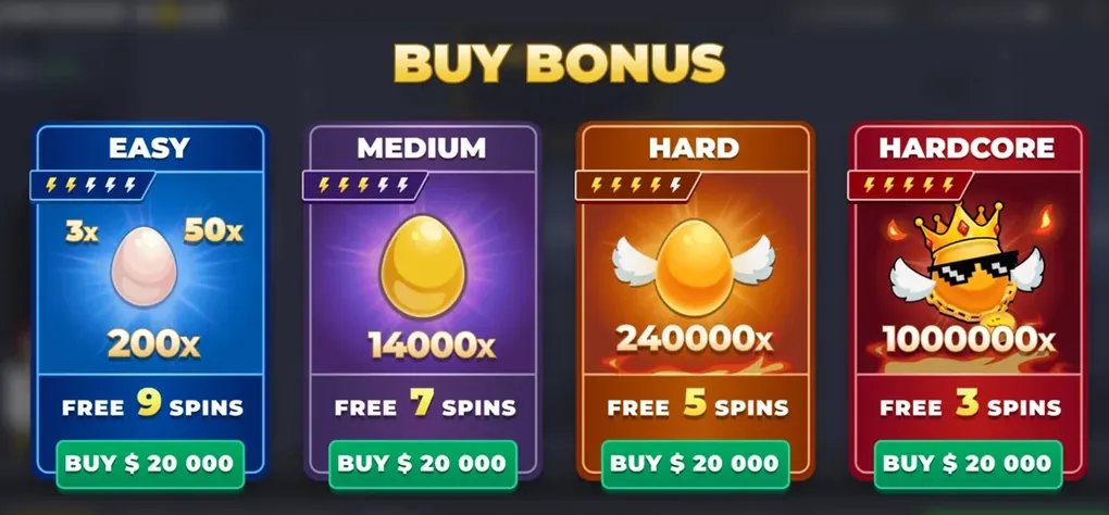The Buy Bonus panel in the first Chicken Road at a stake of 200: 200x, 14000x, 240000x and 1000000x, all priced at 20,000