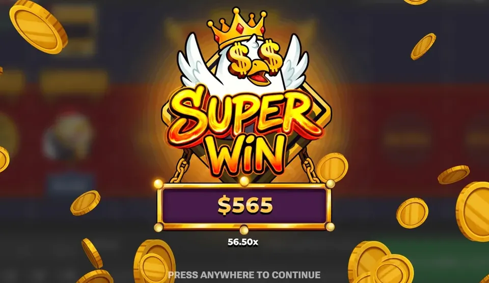 A Super Win screen with a coin shower and the payout figure on a banner