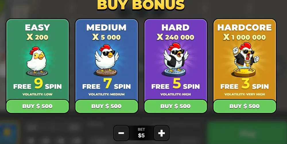 The Buy Bonus panel at a stake of 5: all four cards priced at 500