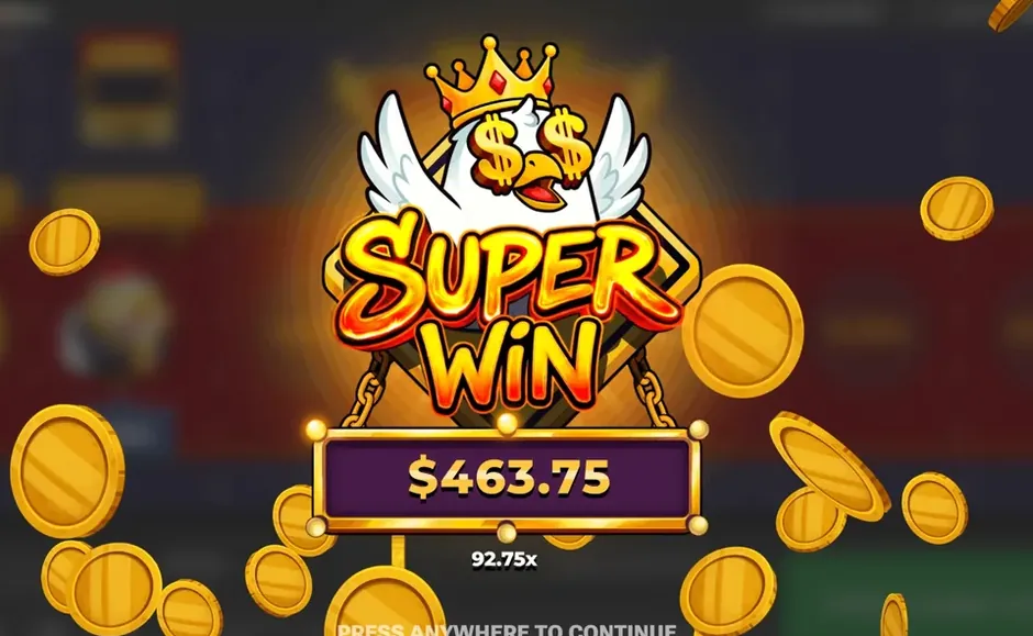 The Super Win screen in Chicken Road 2 reading 463.75 at 92.75x on Medium